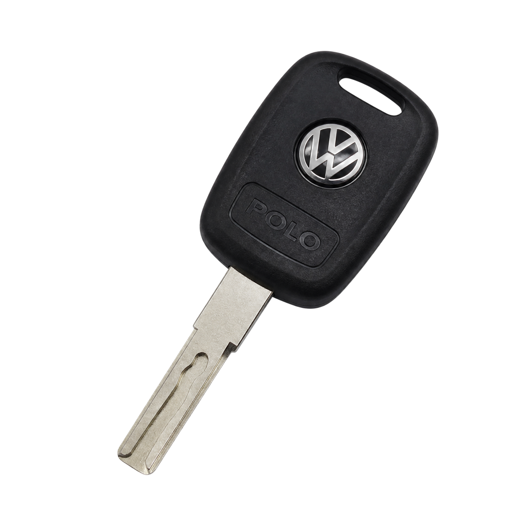 Polo Key Een zwarte autosleutel met het Volkswagen-logo en de tekst Polo erop